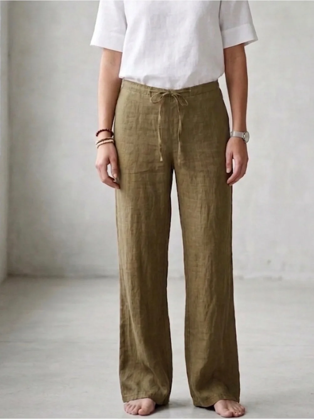 Zara NWT 100% Linen Olive Drawstring Wide Leg Pants Size 8